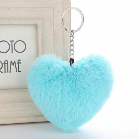 Pompom kulcstartóra, táskára akasztható szív alakú szőrme dísz azúr kék