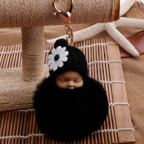 Alvó babás alakú pompom kulcstartó fekete
