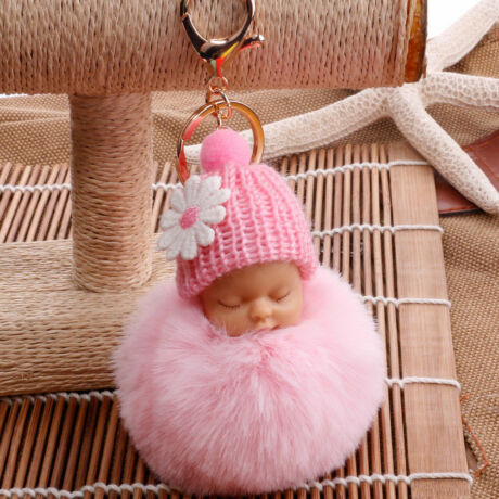 Alvó babás pompom kulcstartó rózsaszín